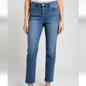 Democracy Ab Solution Jeans Button Fly Raw Hem Ankle Mid Rise Cropped Med Blu 10